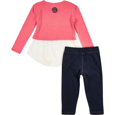 Mini girls pink slogan top leggings outfit